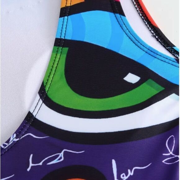 Colorful Graphics Abstract Face One Piece Swimsuit Beach Vacation Cruise Swim - Picture 5 of 6